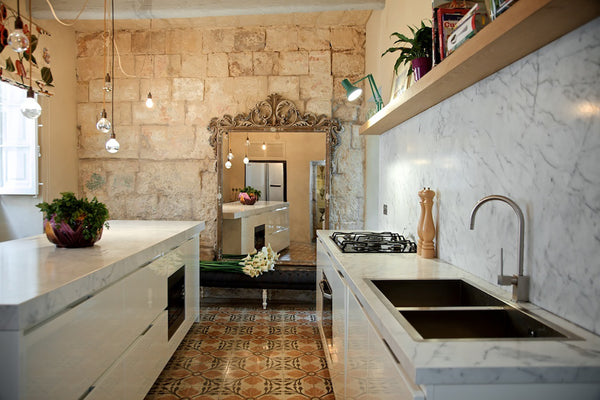 Bianco Statuario marble Kitchen countertop and island top in Malta house 