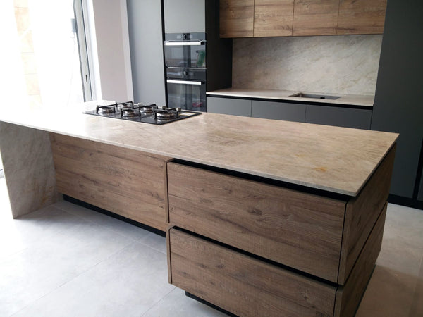 taj mahal quartzite natural stone counter top kitchen beige sand quartize Malta RLautier workshop